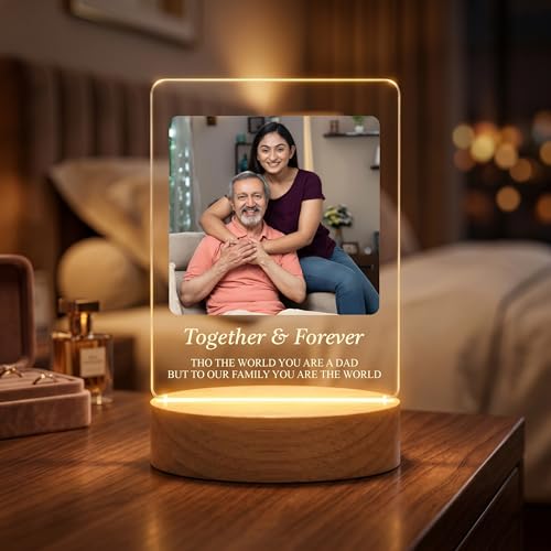 Image of Giftplease Fathers Day Personalized Rectangle Acrylic LED Frame - Custom Single Square Photo Wood Stand Tabletop Showcase with Inspiring Quote For Grandpa Birthday, Dad, Stepdad, Birthday