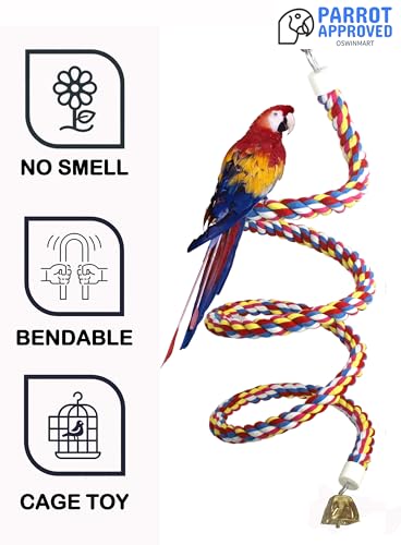 Image of 2PCSx 79inch(200cm) Bird Spiral Rope with Golden Bell Perches Birdcage Swing Toys 100% Cotton Natural Bird Perch Peck /Chewing Climbing Standing Bungee Parrot Toys for Regular to Large Size Parrot