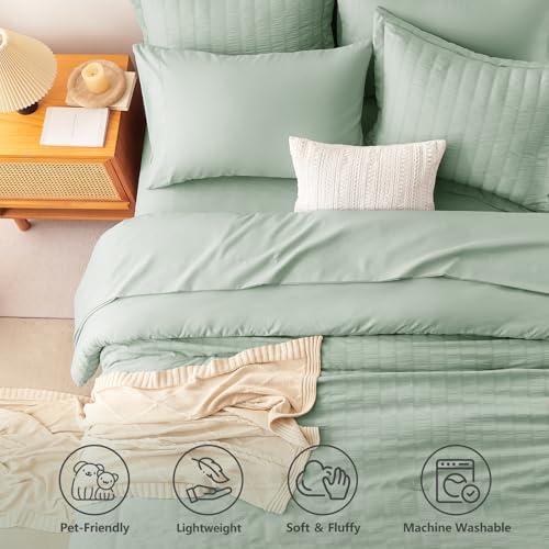 Image of CozyLux Oversized King Comforter Set with Sheets, 7 Pieces 120 inchx98 inch Sage Green Seersucker Bed in a Bag, Luxury Soft All-Season Bedding Sets with Down Alternative Comforter, Sheets, Pillowcases & Shams