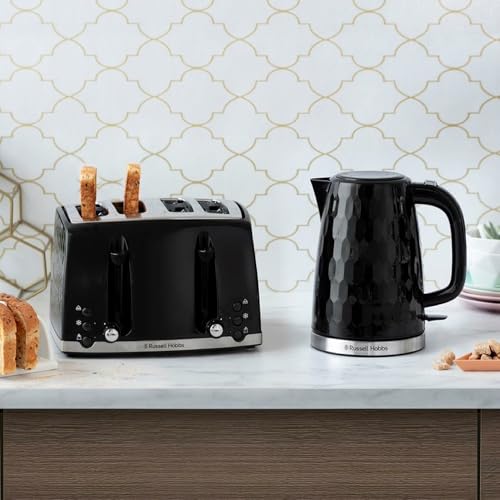 Russell Hobbs Honeycomb Black Kitchen Set, 1.7L 2400W Kettle, 4 Slice Toaster with Dual Browning Levels & 17L 700W Microwave with 5 Power Levels, Defrost & Reheat Functions HCBNDL4B