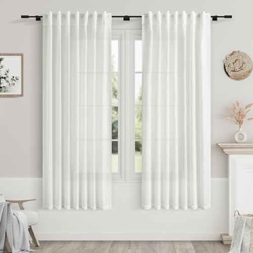 Image of Nanspring Off White Linen Curtains 63 inches Long for Bedroom Back Tab Sheer White Curtains Modern Farmhouse Coastal Decor Cotton Textured Gauze Curtain for Bathroom 2 Panel Set 52x63