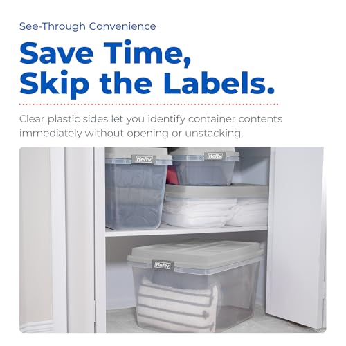 Hefty 32 Qt Hi-Rise Storage Bin with Lid, Stackable Plastic Storage Container, Organizer for Home, Garage & Closet, 6 Pack, Gray - image 4