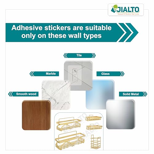 Image of JIALTO 5 in 1 Self-Adhesive Bathroom Organizer Combo - No Drill Wall Mounted Shelf Stand with Metal Racks, Toothbrush Holder, Soap Dish & Storage Tray - Multipurpose Bathroom Accessories (Golden)