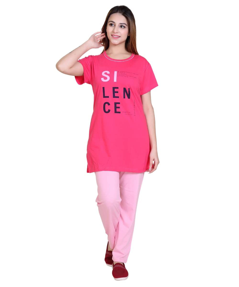 new crush Women's Cotton Printed Long Night Suit Set of Long Top & Pyjama (Dark Pink)-picture-21