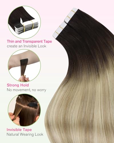 Image of YoungSee Human Hair Tape in Extensions, 24 Inch Tape in Hair Extensions Human Hair, Balayage Dark Brown with Blonde, Tape ins Human Hair Extension, Long Length, Straight Texture, 20pcs 50g