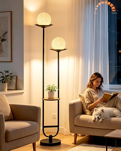 Image of Lightdot 63IN Black Floor Lamp with U Pole, 2 Globe Mid Century Standing Lamps Dimmable with 3000K Warm White LED Bulbs& Grey Shade, Unique Vintage Tall Floor Lamp for Living Room /Wedding /Party