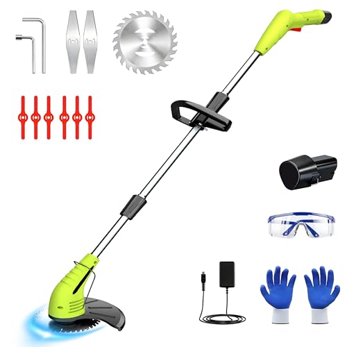 GardenJoy Weed Wacker Battery Operated: 12V Cordless Grass Trimmer with 2.0Ah Battery, Fast Charger and 3 Types Cutting Blade, Portable Electric Lawn Trimmer for Garden Yard Weeding Work