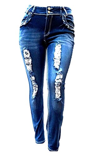 Jack David Womens Plus Size Distressed Ripped Destroy Blue Denim Jeans Skinny Pants2