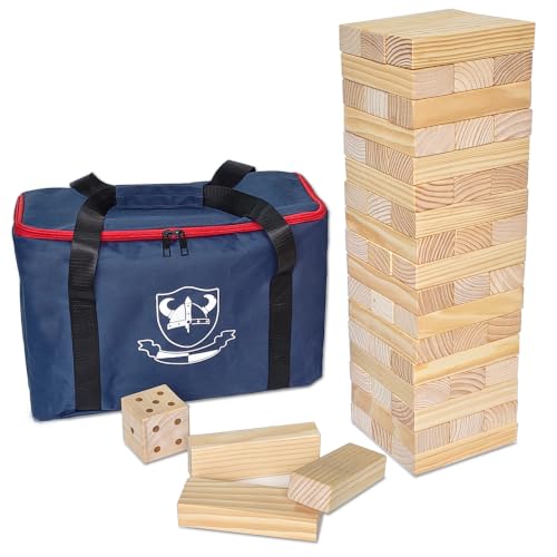 JacJoe All Pro Juego de torre de tambor de madera Jumbo con dados y bolsa de transporte, juegos clásicos de apilamiento, 54 piezas, bloques de construcción para interior y exterior (pila de 60 cm