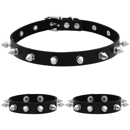 3 Pcs Spiked Choker and Bracelet Set, Punk Gothic Style Leather Necklace Bracelet Set for Women Men, Black