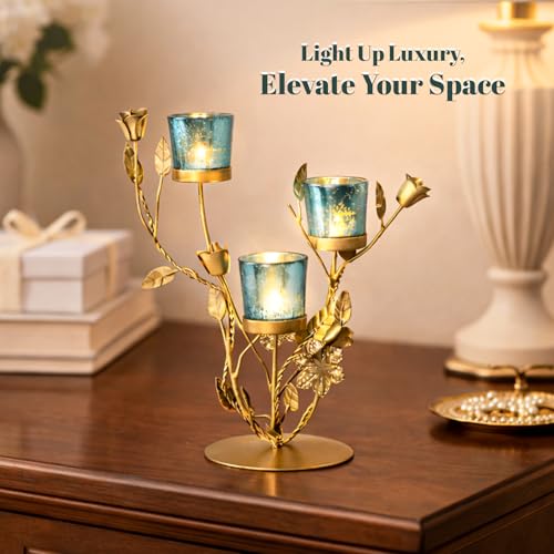 Image of Market99 Glossy Blue Glass T-Light Holder Set of 2 | Golden Leaf Pattern Metal Tealight C&le St& | Decorative Accent Piece for Home, Office, Dining Table, Balcony & Perfect Decor for Festive Season
