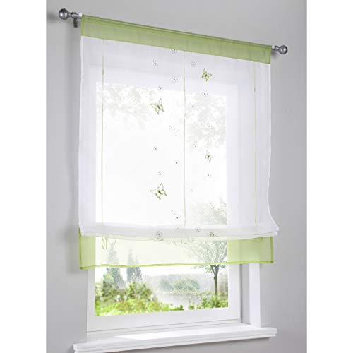SMITHOOM 1 Pieza Persianas Romanas Translúcida Visillos con Mariposa Bordada Tul Cortina Barra Bolsillo para Salón Dormitorio Balcón Cocina Baño Verde 60x120cm