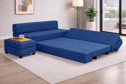 Image of Rosebell 3+2 Leg Sofa Cum Bed Set with Ottoman Foldable Modular Seating & Sleeper Space Saving Living Room Furniture Jute Fabric-Blue-Color