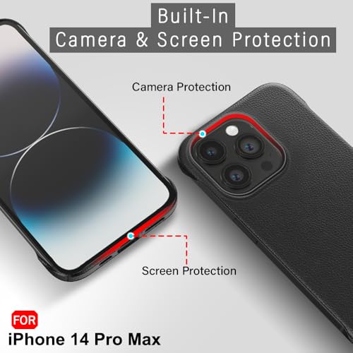 Image of TheGiftKart Hybrid Ultimate Slim Back Case Cover for iPhone 14 Pro Max | Lightweight Profile | Hard Back Case Cover for iPhone 14 Pro Max (PC & TPU, Metal Camera Ring, Leather Texture Finish, Black)