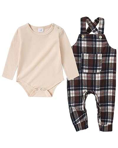 Image of DISAUR Newborn Baby Boy Clothes, Infant Boy Bodysuit Outfits Long Sleeve Romper + Bib Overall Pants Fall Newborn Boy Clothes