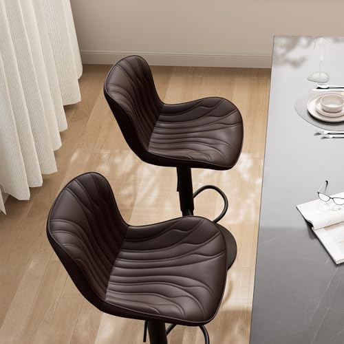 Image of Bar Stools Set of 4 Modern Kitchen Counter Chairs Swivel Barstools Brown | Faux leather upholstered island chairs with backs & metal base. Adjustable Height, easy to clean & load 300 lbs