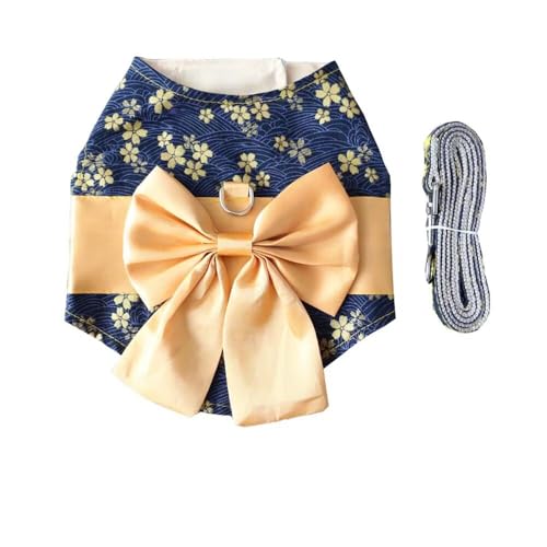 Yucahype 犬服 猫服 和風 蝶結び S-L 花柄 牽引ロープ 和服 着物 お正月晴れ着 正月 七五三 (L ダークブルー)