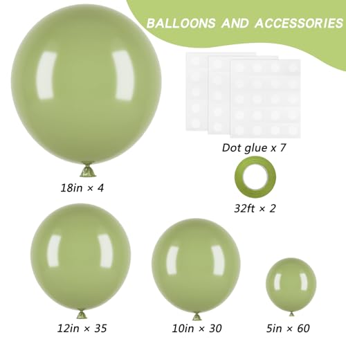 Image of RUBFAC Sage Green Balloons 129pcs Different Sizes 18 12 10 5 Inch, Olive Green Latex Balloon Garland Arch Kit for Birthday Party Graduation Baby Shower Wedding Safari Jungle Balloon Decoration