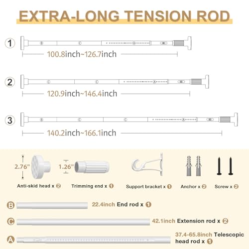 Image of White Tension Curtain Rod 41-166In(4-14Ft), Extra Long Outdoor Curtain Rod No Drilling for Window or Bathroom Patio, Adjustable Heavy Duty Shower Rod,Rod Diameter 1.26In-One-bond stretching