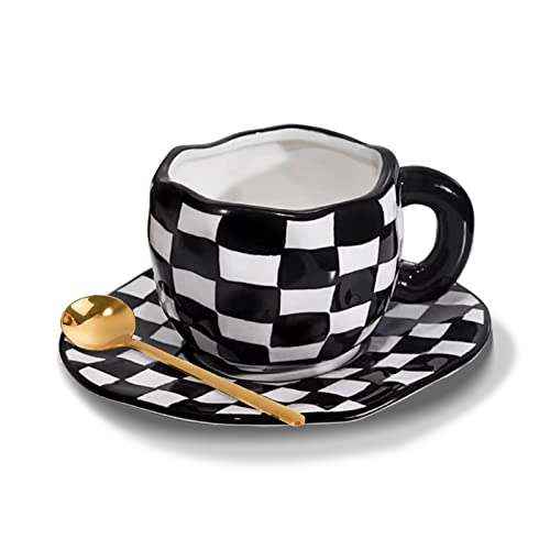 Starluckint Irregular Plaid Ceramic Coffee Mug Set, 8Oz Hand Painted Checkerboard Coffee Cup With Saucer And Spoon, For Latte Tea Milk Cappuccino Home Office Festive Gifts (Color : Black) #TOP8
