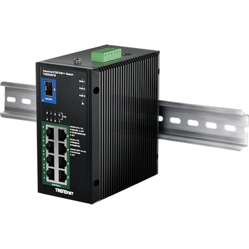 Image of TRENDnet 9-Port Industrial 2.5G DIN-Rail PoE++ Switch with 10G SFP+ Port (24 - 57V), TI-BG5091B, 8 x 2.5G PoE++ Ports, 1 x 10G SFP+ Port, 480W PoE, 60Gbps Switch Capacity, Black