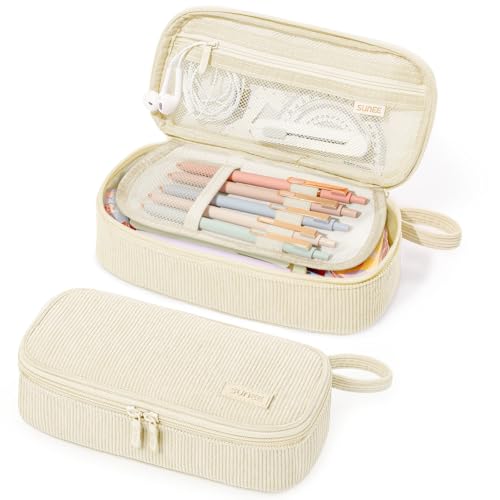 SUNEE Cute Pencil Case, Large Capacity Pencil Pouch Aesthetic Zipper Pencil Bag, Big Storage Pen Organizer for Stationery, Soft Corduroy Pencil Box Back to School Supplies for Teen Girls Boys, Beige