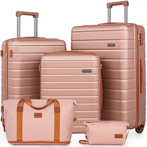 Image of Cosbarn Luggage Sets 5 Piece Suitcases with Wheels, 5 Piece Sets (20/24/28/DB/TB), Fashion (Rosegold)