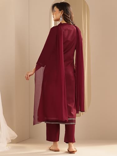 Image of Libas Maroon Yoke Design Viscose Straight Kurta set for Women | daily wear suit