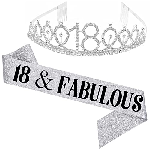 REYOK Faja y Tiara de 18 cumpleaños, Banda Plateada de 18 y Fabuloso cumpleaños y 18 Tiara de Cristal con Diamantes de imitación para Regalo de Fiesta de cumpleaños para niñas y Mujeres
