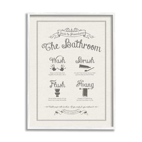 Stupell Industries 'Guide to Bathroom Procedures Linen Look', Framed Giclee Art, White, 11 x 14 Inches, Easy to Hang and Sturdy, Made in USA, by Lettered and Lined