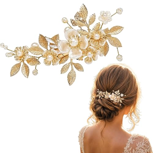 Gold Bridal Hair Clip, Crystal Floral Leaf Pin for Wedding Hair Accessories