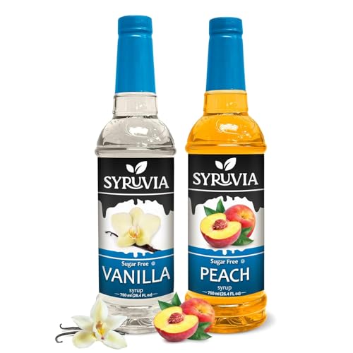 Syruvia Sugar-Free Vanilla and Sugar Free Peach Syrup For Drinks 25.4 fl oz. Premium Coffee Flavoring Syrup. Ideal for Enhancing Drinks, Sodas, Shakes, Desserts, and More.