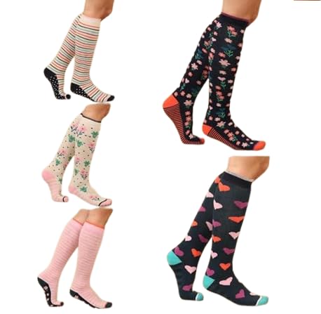 5 Pairs Ladies Design Long Wellington Boot Socks - Women's Cotton Rich Welly Socks - Walking Hiking Thermal Wellie Socks - UK Shoe Size 4-8 (UK, Numeric, 4, 8, Regular, Regular, Style 1)