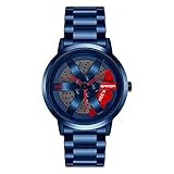  XIAN Reloj de Cubo de llanta para Hombre Reloj Giratorio de Rueda de Coche 3D Creativo Reloj de Cuarzo de Acero Inoxidable,Blue Red