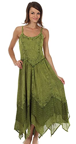 Image of Sakkas Rayon Embroidered Stonewashed Adjustable Spaghetti Straps Long Dress