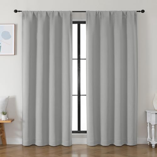 Simplebrand Ava Silver Grey Blackout Curtains for Bedroom 84 Inch Length 2 Panels Set, Solid Thermal Insulated Privacy Living Room Window Treatment Curtains Blackout Drapes, W50 x L84 Inch
