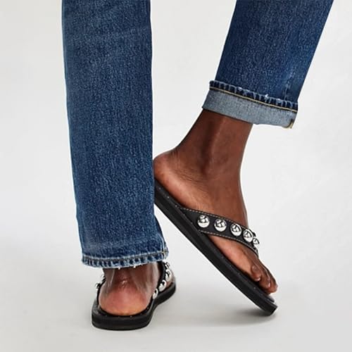 Studded Thong Sandals for Women Round Clip Toe Slip On Flip Flops Slides Comfortable Contrast Tacked Slipper Shoes3