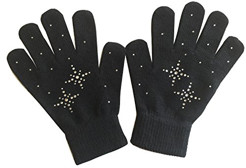 Fashion Every Day Girls Ice Skating Gloves Magic Stretch with Rhinestones Snow Flakes (Black/Clear, one size)