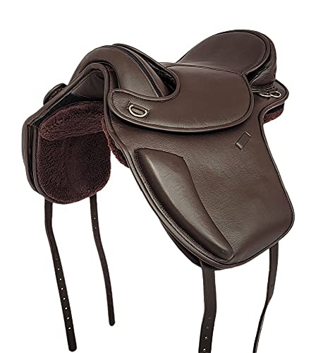 A&M Reitsport Selle de dressage Sheffield sans arbre en cuir de vachette avec coussin Velcro Marron 17