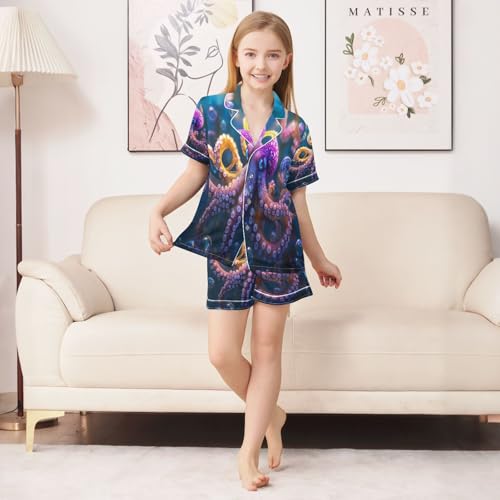 ALAZA Octopus Bubble Ocean Sea Satin Pajamas Set Short Sleeve Button Down Sleepwear Summer Pjs 2 Piece3