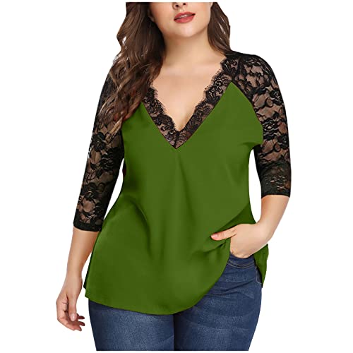 Women's Tunic Tops 2024 Trendy Lace Short Sleeve Shirts Casual Dressy V Neck Blouse Solid Color Loose Soft Tee