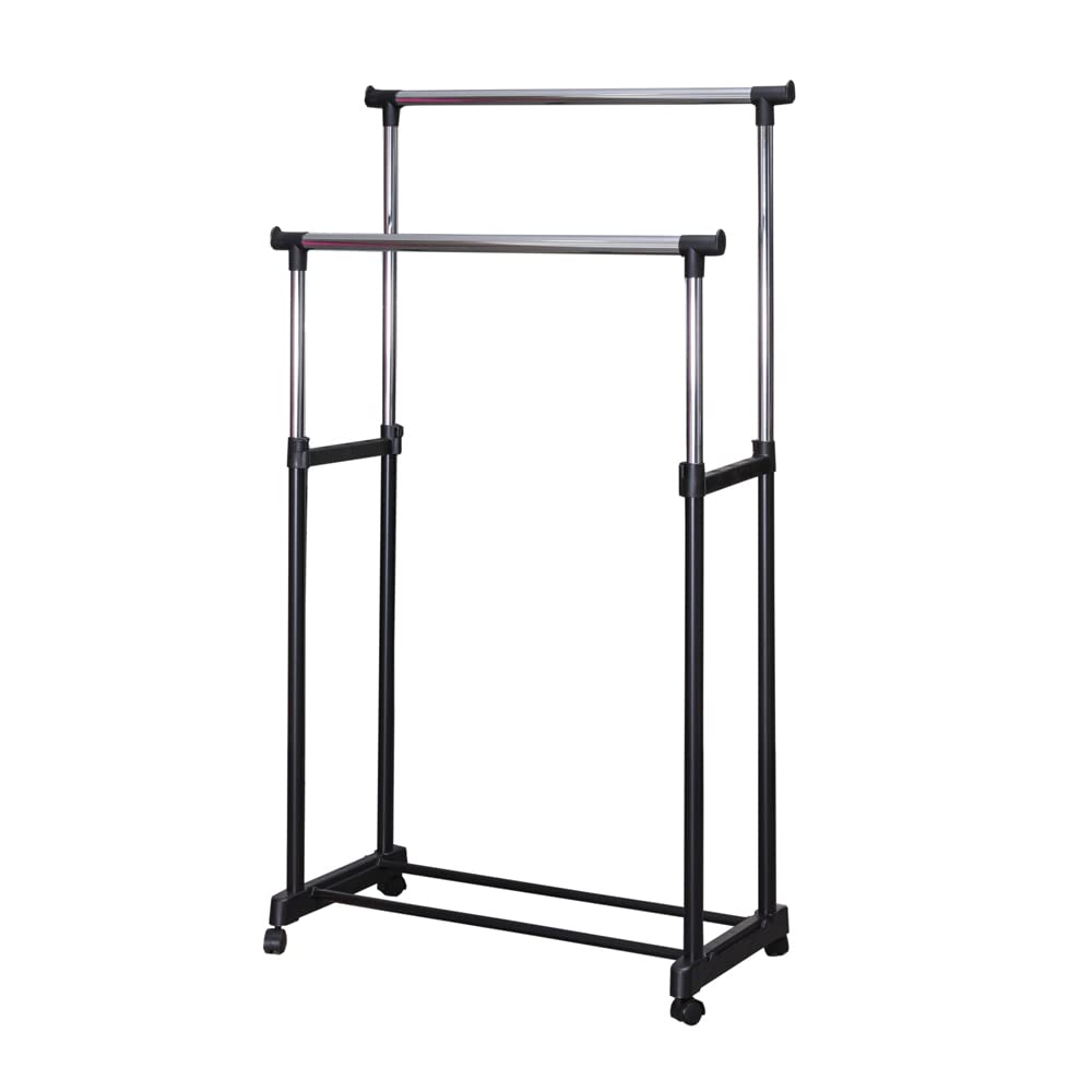 WT-EASYCAREMultipurpose Double Garment Rack Heavy Duty Cloth Rail | Dual Rod + Wheels Garments Rack with Bottom Shelf for Shoes, Blazer, Suit | Portable Foldable Garment Hanging Rack