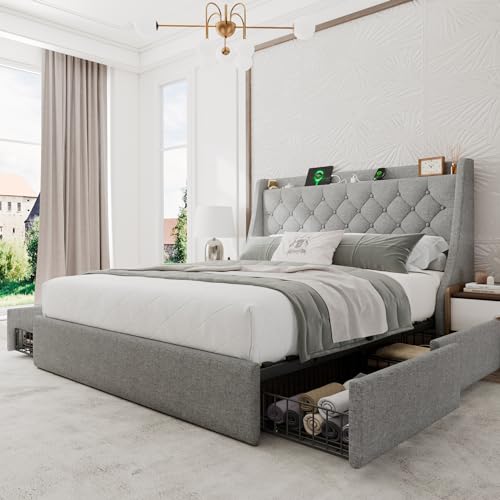 Einhomn Marco de cama tapizado tamaño Queen con 4 cajones de almacenamiento, base de cama de plataforma con cabecera de ala trasera, estación de carga, no necesita somier, color gris claro