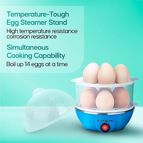 Image of Longway Eggo 350 Watt Egg Boiler /Cooker for Steaming, Cooking & Boiling with 3 Boiling Modes Soft, Medium, Hard (Blue, 14 Eggs)