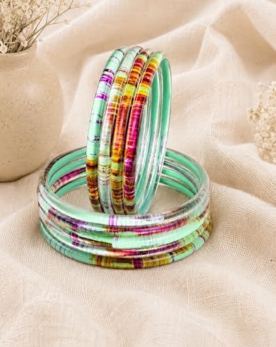 Image of NMII Premium Glass Bangle Set for Women | Multicolor Designer Kangan | Fancy Kanch ki Chudiya | 3D Transparent Chudi Set | Wedding & Festive Occasions Bangles