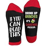 Paquete: 1 par de calcetines. Vera Laurie 1 par de Calcetines de Navidad elásticos, Unisex, para Bebidas, con Texto en inglés If You Can Read This Drink Up Grinchs, Hombre, RD.