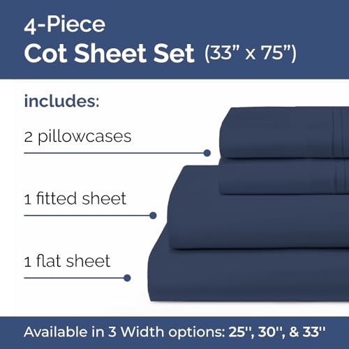 Image of Cot Sheet Set, 33 inch x 75 inch - Easy-Fit Cot Size Mattress Sheets - Navy Blue | Ideal for Narrow Twin, Camper Bunk, RVs, Twin Bunks, Day Care & Camping Cots, Cot Size Fitted Sheet fits 6 inch to 10 inch Mattresses