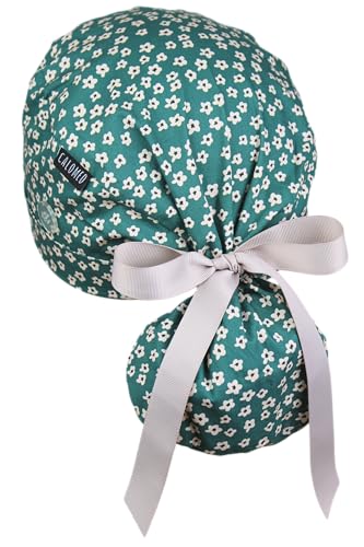 Image of Scrub Cap for Women and Men, Ponytail Scrub Caps, Working Hat, Head Cover with Ribbon Ties and Buttons, Long Hair