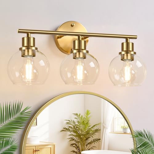 Image of Indoi 3-Light Bathroom Light Fixtures, Brushed Gold Modern Vanity Lights Over Mirror with Clear Glass Globe Shade, Bathroom Wall Sconces for Mirror Kitchen Living Room Hallway Cabinet Bedroom Porch