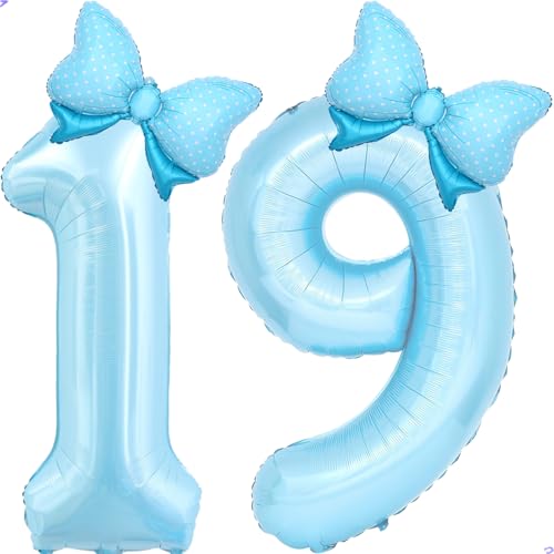 Image of Light Blue 19 Balloon Number Blue Coquette Birthday Decorations for Girls, Blue Bow Balloons Foil Mylar Large 40 inch 19 Balloon for Girls Bows Coquette 19th Birthday Party Decorations Supplies